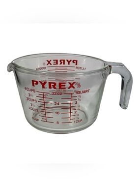 Vintage Pyrex Glass Measuring Cup Red Lettering Open J Handle 4 Cup 1 Quart #532